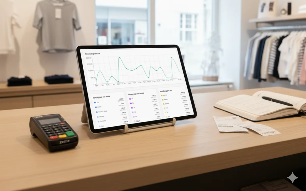 Zettle-terminal och försäljningsstatistik på surfplatta